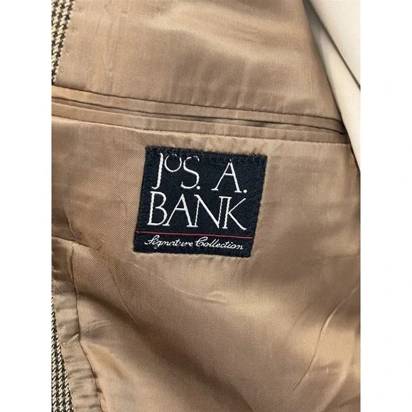 Jos A Bank Signature 43R Tan & Black Houndstooth 100% Wool‎ 2Btn Blazer Jacket